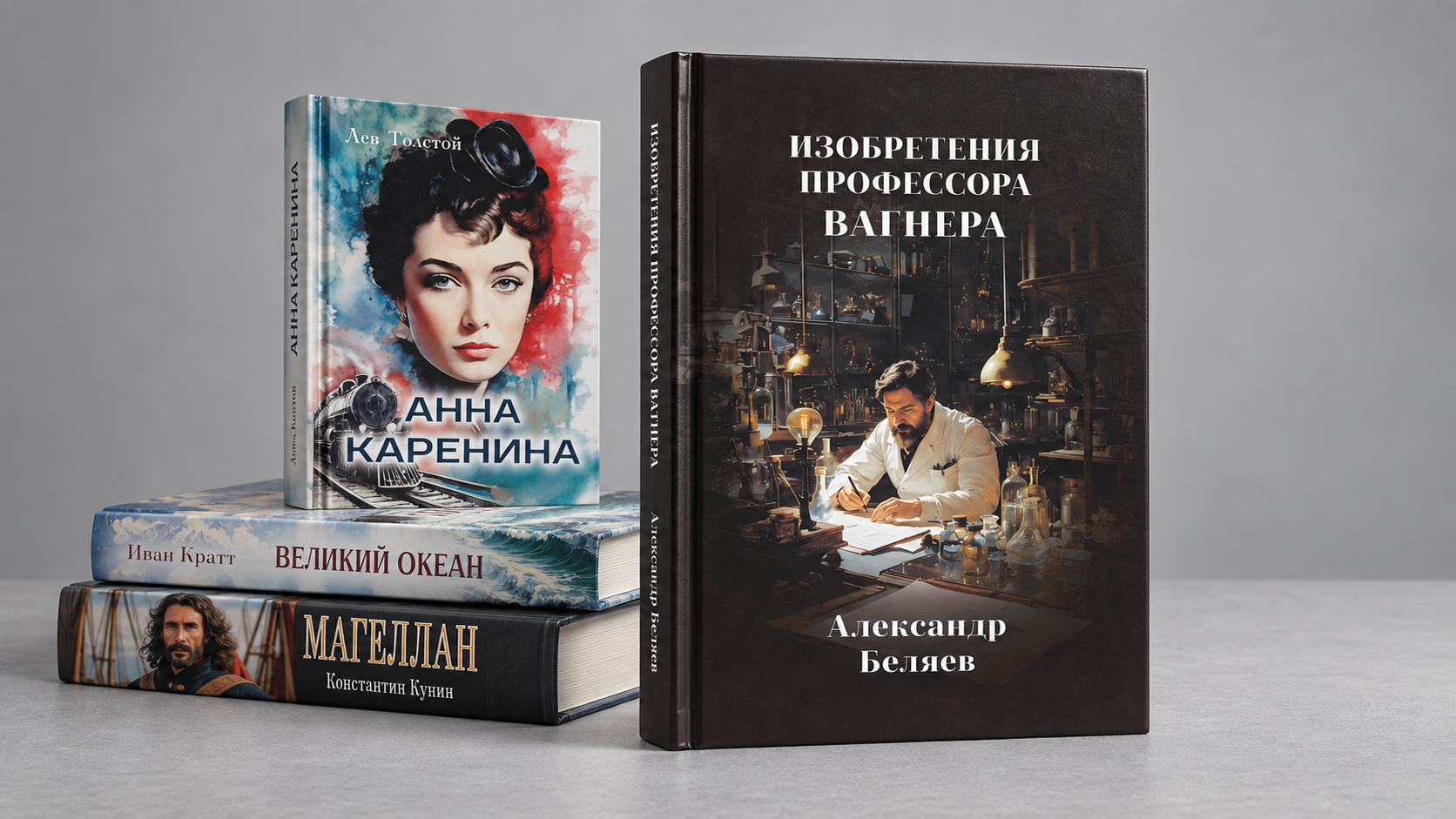 Книги в твёрдом переплёте 7БЦ с «Изобретениями профессора Вагнера» на первом плане
